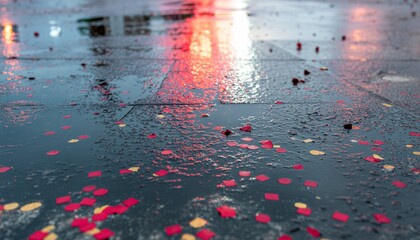 Confetti on the Observation Deck. Chinese New Year. Looking down onto a tiled, wet observation deck floor, where a scattering of damp red and gold confetti reflects the overhead firework flashes.
