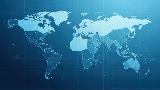 Global connections map with world continents and grid background - Powered by Adobe