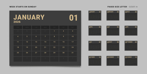 Set of 12 Pages Monthly Calendar Planner Templates with Logo Company on 2026 year. Vector mockup of wall or desktop organizer grid with the week start on Sunday in dark color. Pages Letter -8.5x11 in