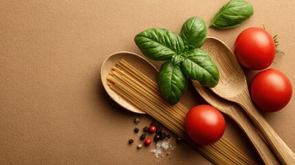 Italian Food Celebration With Minimal Ingredients on a Brown Background Featuring Tomatoes, Basil, and Spaghetti