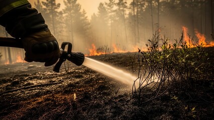 Firefighter hand protecting forest from fire for wildfire crisis and ecosystem disaster response