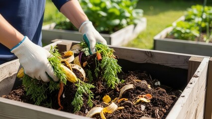 Gardener hand composting vegetable scraps for waste-to-resource and home sustainability action
