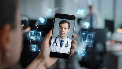 A person holding a smartphone displaying a doctor via video call in a modern office setting - Powered by Adobe
