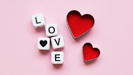 Word love spelled out with dice and heart shapes on pink background