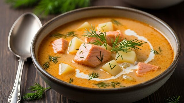 Creamy Salmon Soup with Dill Garnish.