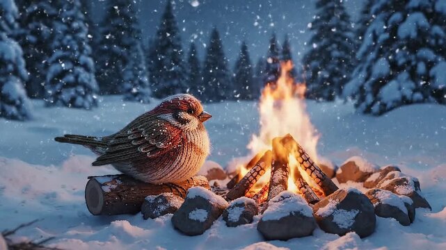 Bird warming by campfire in snowy forest.
