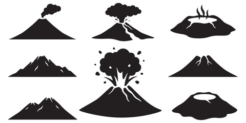 Collection of stylized black silhouettes of volcanoes in various states of eruption and dormancy. © Riki