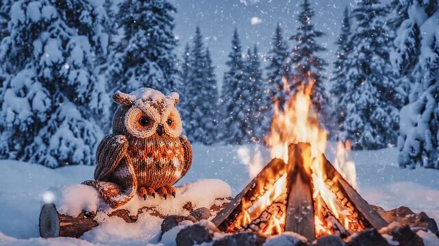 Snowy owl by campfire in forest at night.