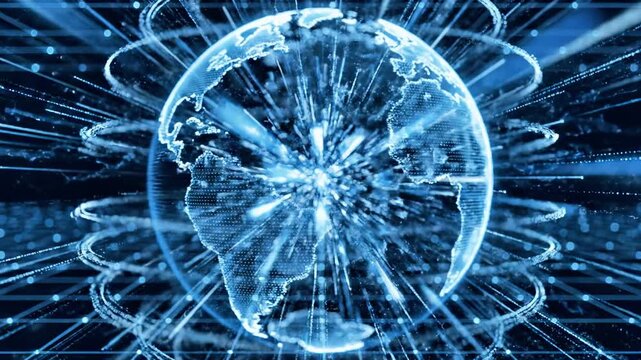 A blue-tinted digital representation of the Earth with radiant lines and swirling patterns emanating from it, set against a dark background
