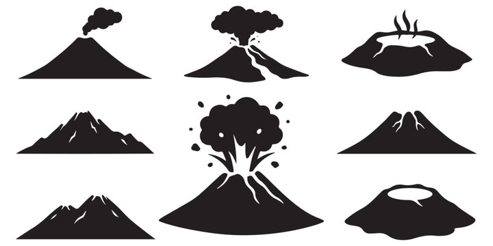 Collection of stylized black silhouettes of volcanoes in various states of eruption and dormancy.