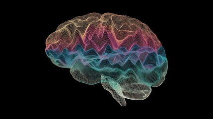 Abstract Brain Silhouette with Vibrant Gradient Mesh on Black Background Representing Intelligence and Technology with Pink Cyan and Orange Hues