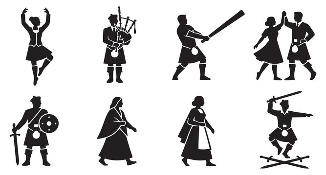 Collection of Scottish cultural icons and traditional figures in silhouette, representing dance, music, and combat.