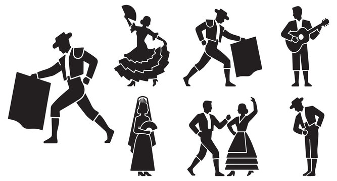 Collection of Spanish cultural icons including matadors, flamenco dancers, and a guitarist, depicted in silhouette.