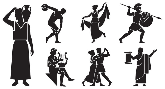 Collection of ancient Greek figures engaged in various activities like dancing, playing music, and sports.