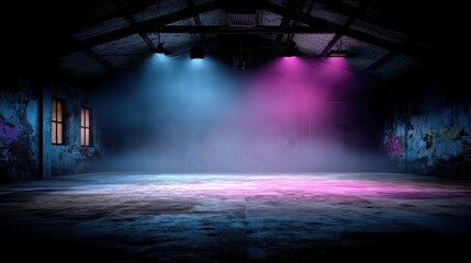 Abandoned Warehouse Interior with Neon Lighting Blue and Pink Color Grungy Walls and Wet Floor Dark and Atmospheric Urban Exploration