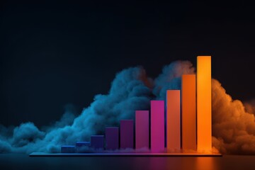 Abstract Bar Graph Rising With Colorful Illumination and Atmospheric Clouds