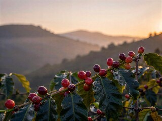Ripe coffee beans on branch, dewy leaves glow at sunrise. Mountains fade softly in background. Natures quiet harvest moment.