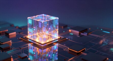 Futuristic glowing cube on circuit board, neon blue and orange lights, digital technology theme.