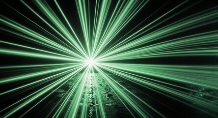 Green laser beams radiate from center, creating dynamic, futuristic light show against dark background.