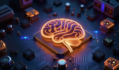 Neon brain on circuit board, surrounded by glowing chips and futuristic tech elements.