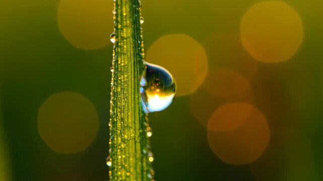 Morning dewdrop on green grass with golden light reflection bokeh