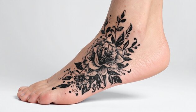 Elegant black and white floral tattoo design adorning a woman's foot, showcasing intricate details of roses and leaves