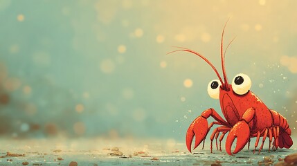 Cute cartoon red crawfish with big eyes standing on wet ground with blurred background and bokeh l