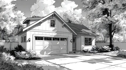 Sketch of a white detached garage with driveway and landscaping. surrounded by trees and clouds