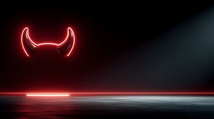 Glowing Red Neon Devil Horns Symbol on Dark Stage with Spotlight and Light Line