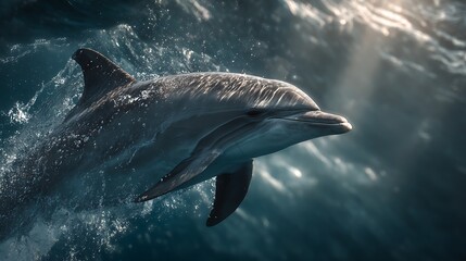 Close up of a gray dolphin swimming underwater with sunlight shimmering on the water surface