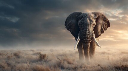 Majestic elephant walking through dry grass savanna at sunrise with dramatic cloudy sky. atmospher