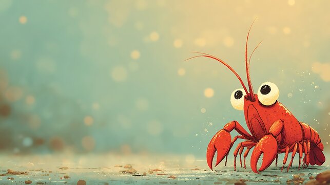 Cute cartoon red crawfish with big eyes standing on wet ground with blurred background and bokeh l