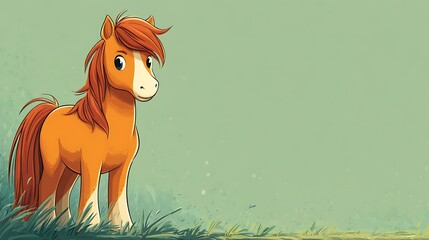 Adorable cartoon pony with flowing mane standing in a grassy field with a soft green background