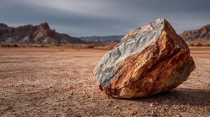Large Rusted Stone Boulder Resting on Dry Arid Earth with Distant Mountain Landscape Background