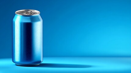 Cool refreshing blue aluminum beverage can with water droplets. studio shot with soft blue backgro