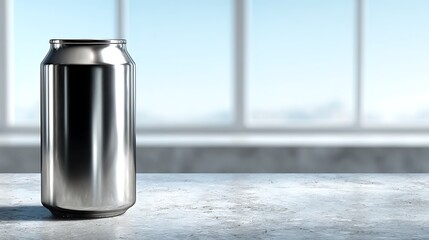 Sleek metallic beverage can standing on a textured surface with a blurred bright window background