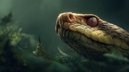 Detailed Close Up of a Viper Snake Head with Orange Eye in Lush Green Ferns. Atmospheric Outdoor W