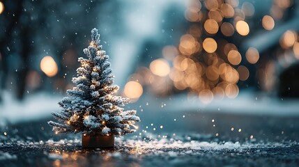 Cozy Snow Covered Christmas Tree with Warm Lights and Bokeh Amidst Falling Snow