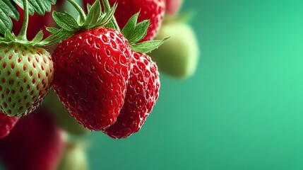 Ripe Red Strawberries with Green Leaves on Teal Background. Fresh Berries