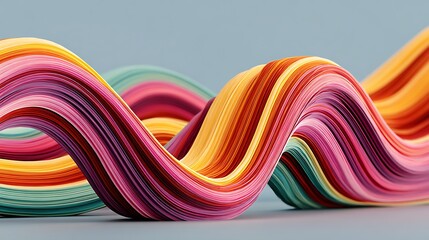 Vibrant abstract swirling ribbon curves with colorful stripes on a soft blue background. 3D render