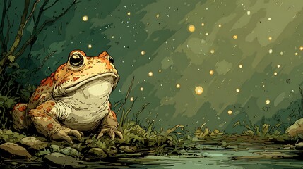 Orange and white toad sitting on mossy rocks by a dark pond. surrounded by fireflies and atmospher