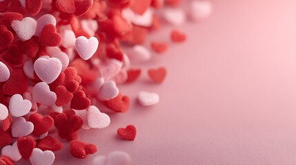 Romantic fuzzy hearts. red and pink. scattered on a soft pink surface. celebrating love and Valent