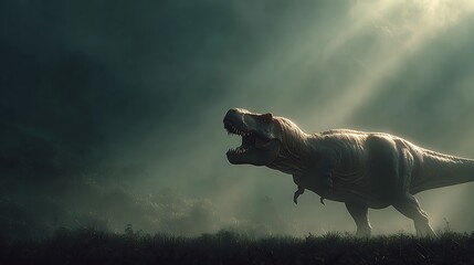 Majestic Tyrannosaurus Rex dinosaur roaring in a misty prehistoric landscape with dramatic lightin