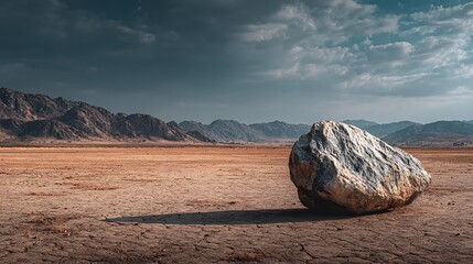Lone boulder rests on cracked dry earth against distant mountains and cloudy sky