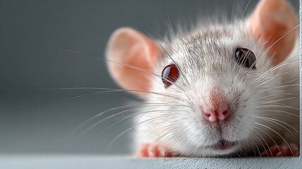 Close up portrait of a curious white rat peering from a ledge with soft grey background