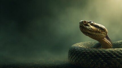 Detailed close up of a venomous viper snake coiled. its head raised. and scales visible. set again