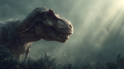 Majestic Tyrannosaurus Rex Dinosaur Amongst Lush Ferns in Ethereal Sunlight Rays