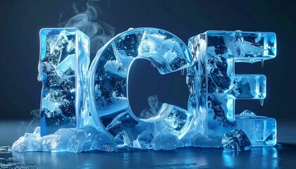 A striking close-up showcases the word 'ICE' meticulously crafted from shimmering, fractured blue ice, rendered in large, three-dimensional letters that evoke a crisp and chilling conceptual design © sabrang