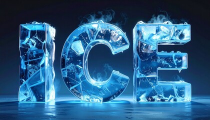 Vibrant 3D rendering of the word 'ICE' crafted from glowing blue crystal shards, emitting cool mist against a dark background, symbolizing intense cold and frozen power