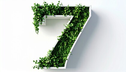 A striking white number seven, intricately filled with lush green, leafy vines, stands out against a pristine white background, embodying growth and natural elegance